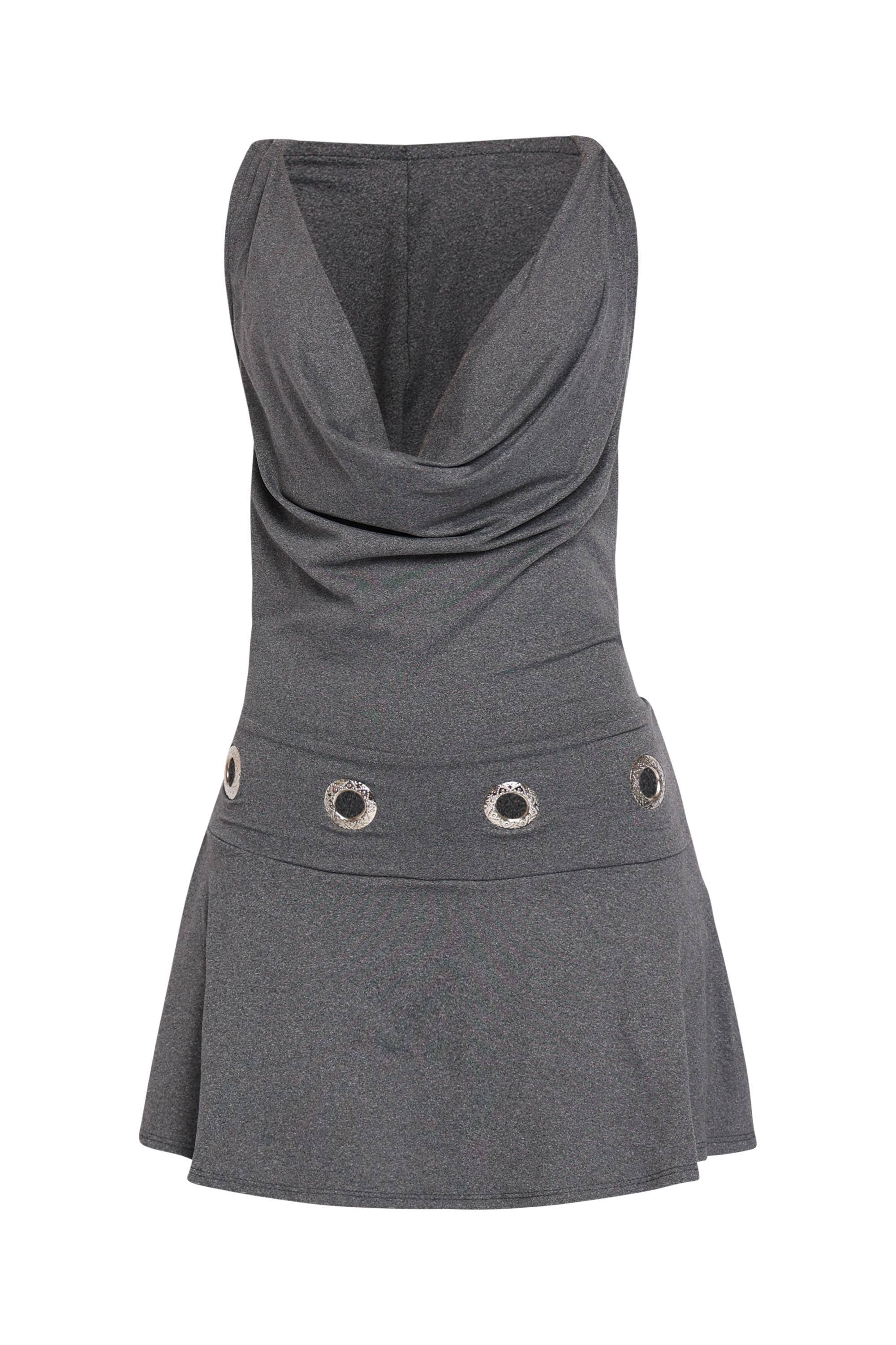 Gray sleeveless dress with a cowl neck and button details on a white background