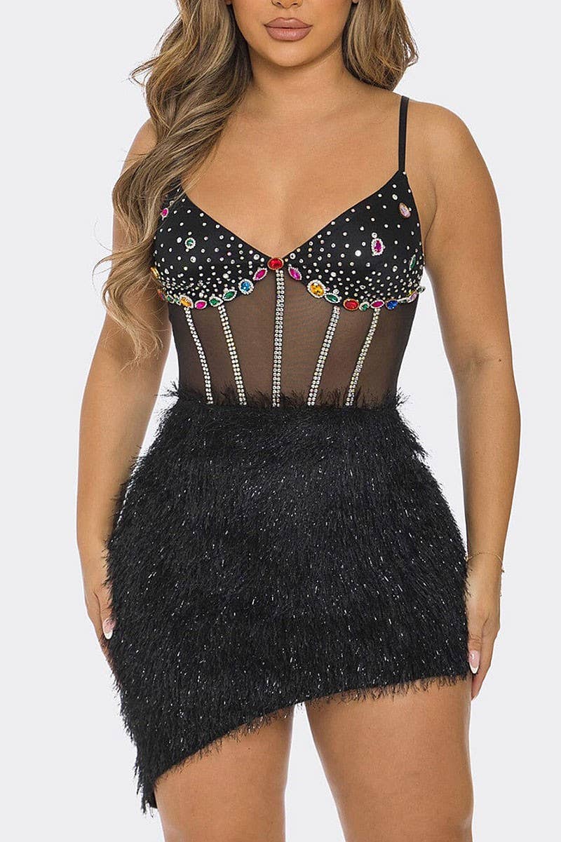 Black mini dress with gem-studded mesh bodice and asymmetrical feather skirt