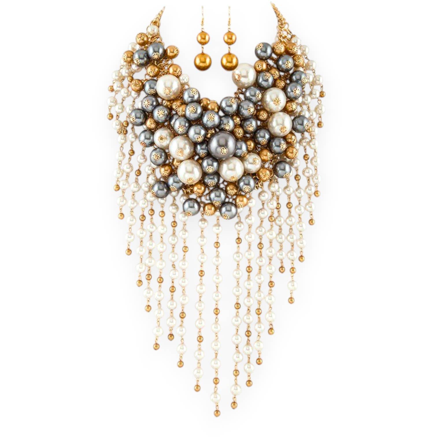Gold, grey, and ivory pearl cascading bib statement necklace with matching earrings