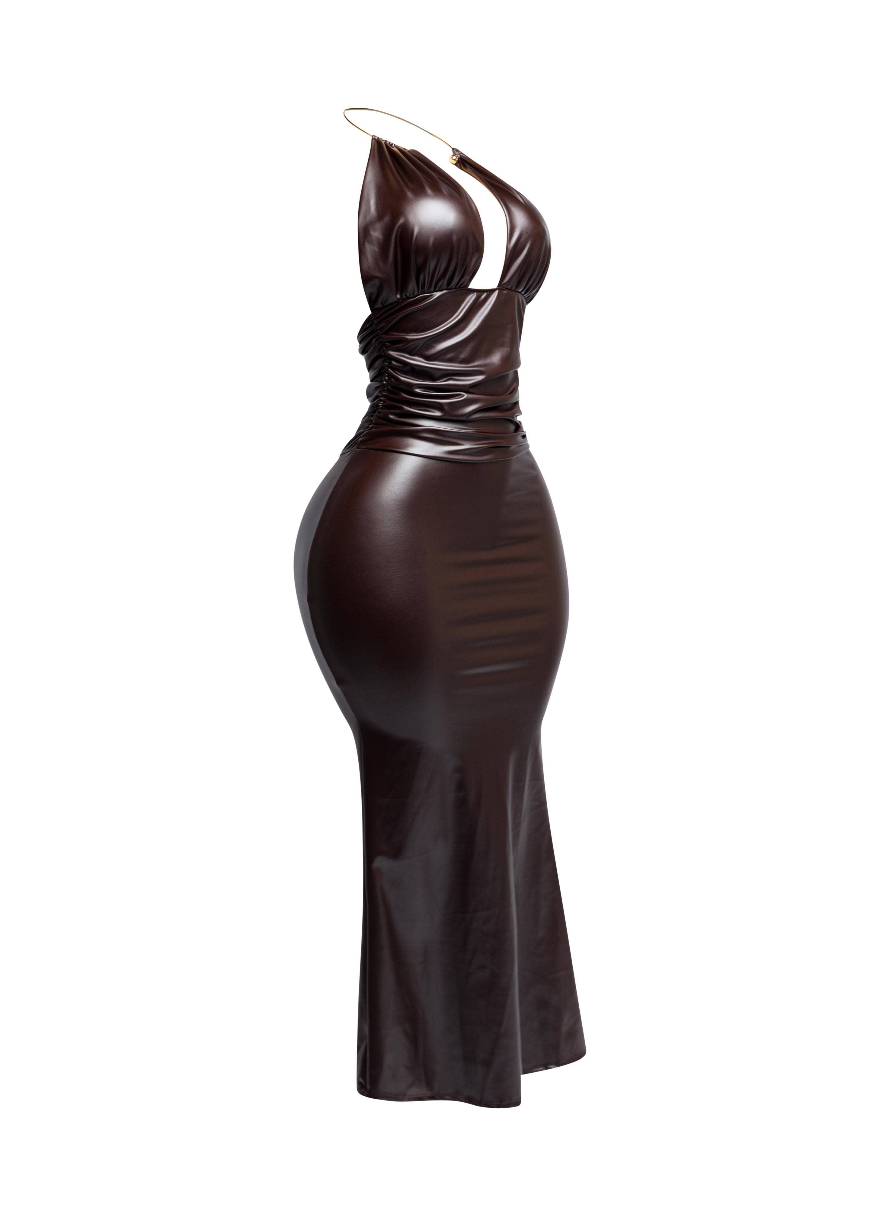 Halter Chocolate Leather Maxi Dress