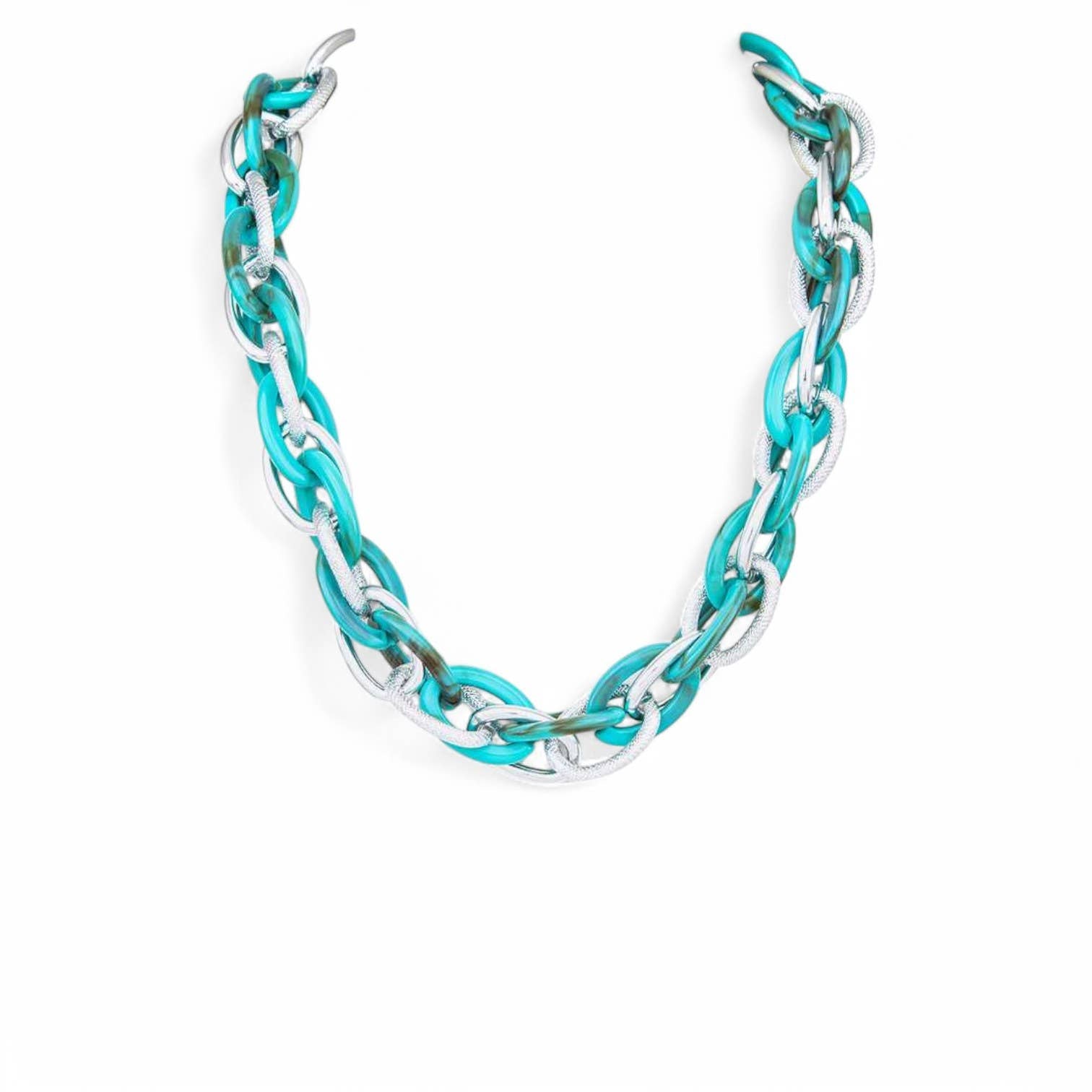 Turquoise and silver mixed-link chunky resin chain necklace