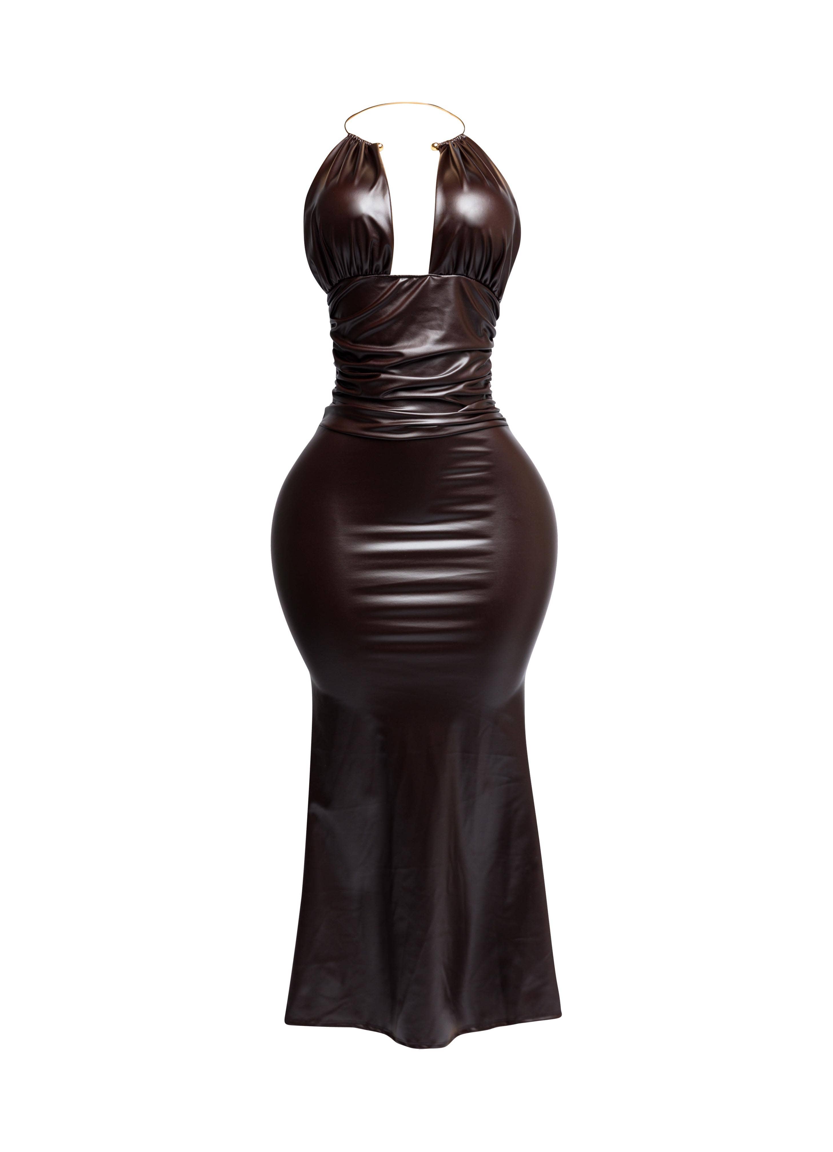 Halter Chocolate Leather Maxi Dress
