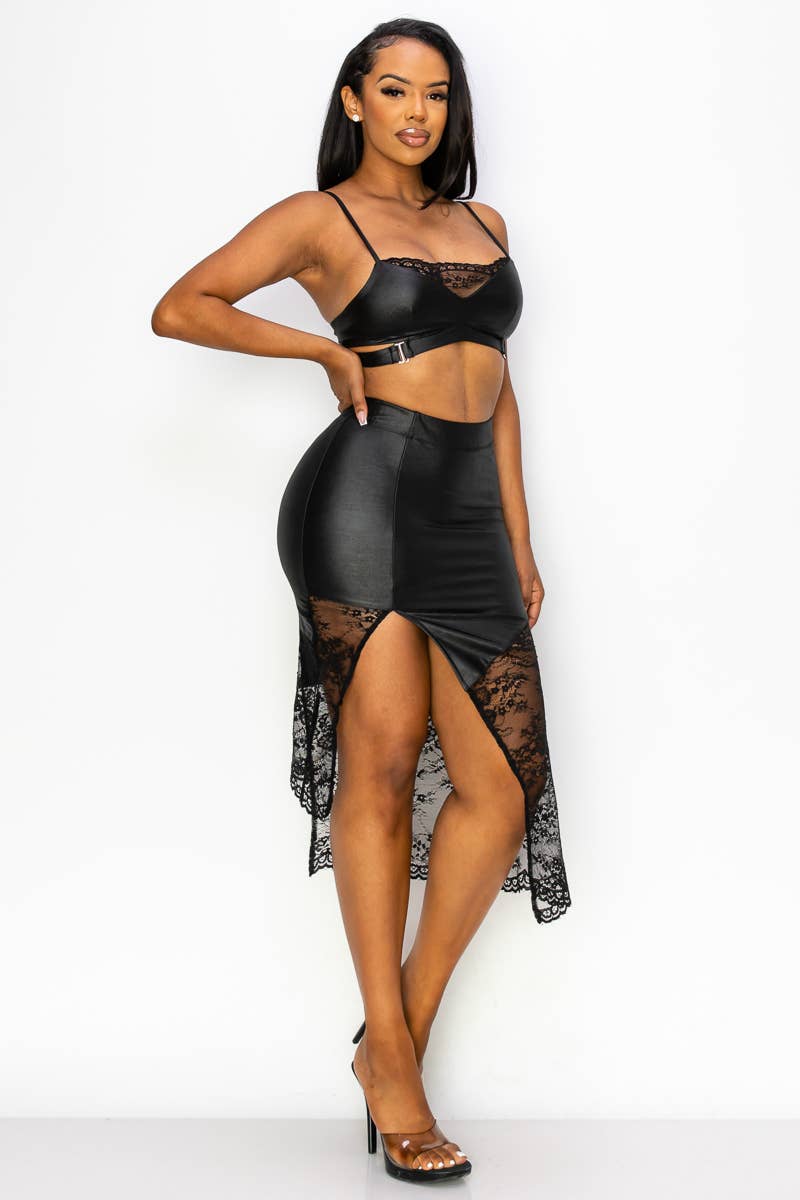 Black Faux Leather & Lace Two-Piece Set