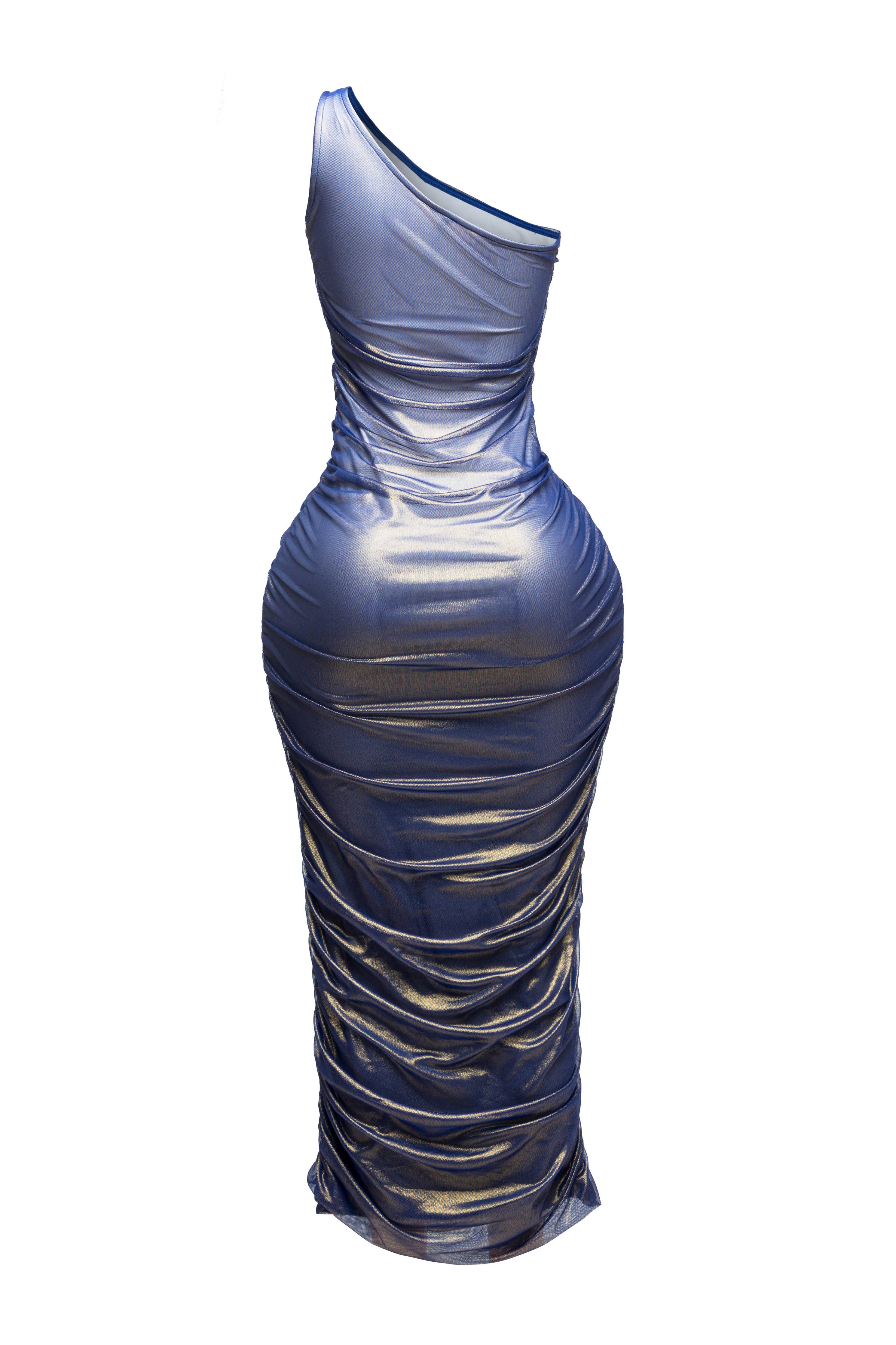 Metallic One-Shoulder Ruched Bodycon Maxi Dress