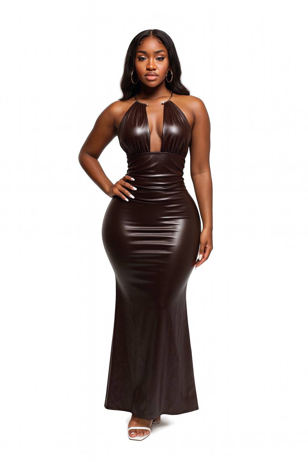 Halter Chocolate Leather Maxi Dress
