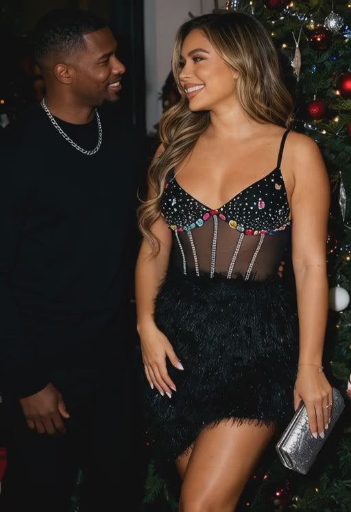 Gem Studded Mesh Mini Dress