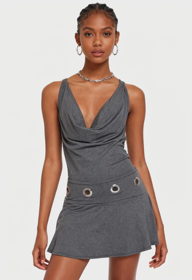 Grommet Charcoal Knit Mini Dress