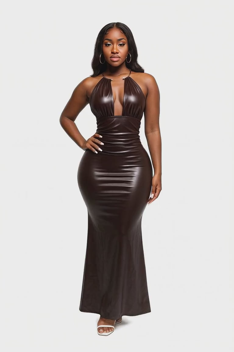 Halter Chocolate Leather Maxi Dress