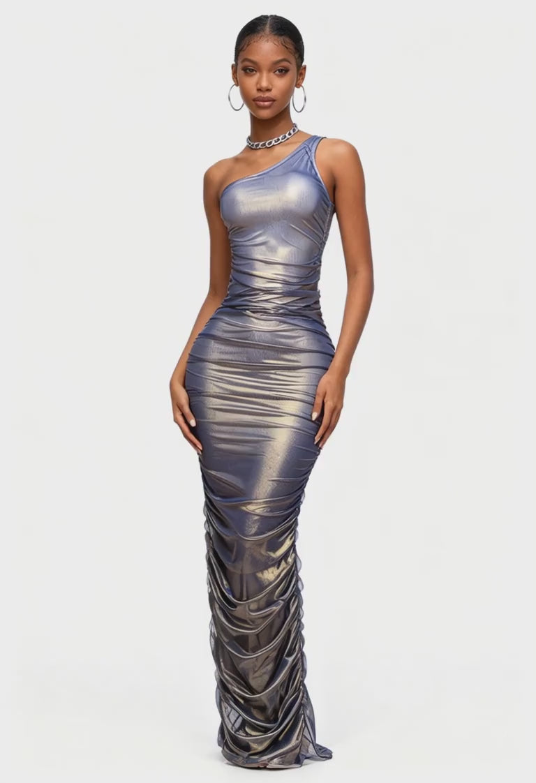 Metallic One-Shoulder Ruched Bodycon Maxi Dress