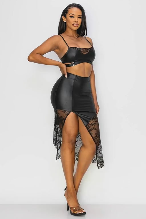 Black Faux Leather & Lace Two-Piece Set